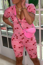 Розовый модный повседневный облегающий комбинезон с принтом и коротким рукавом с v-образным вырезом