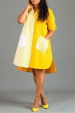 Gelbes, modisches, lässiges Patchwork-Taschen-Umlegekragen-Hemdkleid