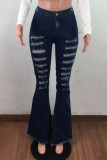 Deep Blue Mode Casual Solid Ripped High Waist Boot Cut Jeans