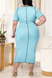 Светло-голубое сексуальное повседневное платье больших размеров с короткими рукавами и круглым вырезом в стиле пэчворк