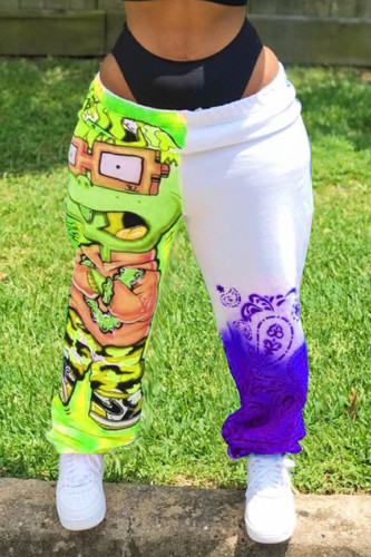 Green Fashion Printed Mid Waist Loose Trousers