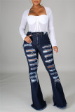 Jeans azul escuro fashion casual rasgado de cintura alta com corte de bota