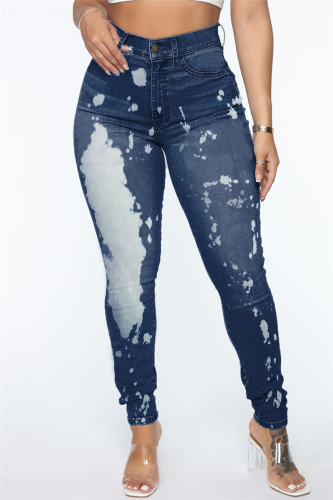 Dark Blue Fashion Casual Splash Ink Basic High Waist Regular Denim Jeans