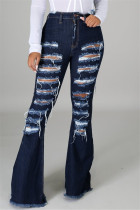 Diepblauwe, mode-casual, effen gescheurde hoge taille boot-cut jeans