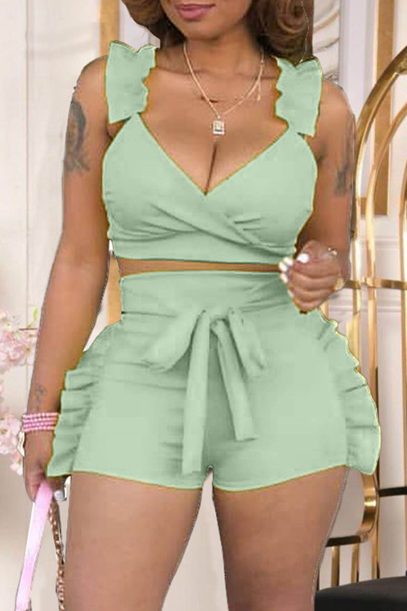 

Light Green Sexy Casual Solid Basic V Neck Sleeveless Two Pieces