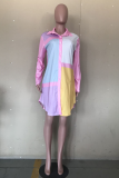 Rosa Lässige Farbblock-Knöpfe Turndown-Kragen-Hemdkleid Kleider