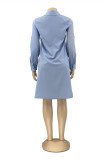 Blue Fashion Casual Patchwork Pocket Turndown Collar Shirt Dress