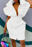 イエローファッションカジュアルソリッドベーシックマンダリンカラー半袖ドレス