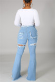 Jeans azul escuro fashion casual rasgado de cintura alta com corte de bota