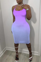 Пурпурно-синее сексуальное повседневное платье без рукавов с принтом с постепенным изменением и открытой спиной