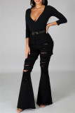 Black Fashion Casual Solid Ripped High Waist Boot Cut Flare Leg Denim Jeans