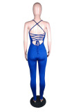 Dark Blue Sexy Casual Solid Backless Spaghetti Strap Skinny Jumpsuits
