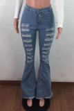 Baby Blue Fashion Casual Solid Ripped High Waist Boot Cut Flare Leg Denim Jeans