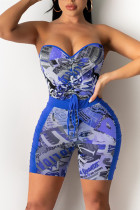Blauwe mode sexy print backless strapless mouwloze twee stukken