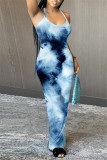 Dark Blue Fashion Sexy Print Backless Spaghetti Strap Sleeveless Dress Dresses