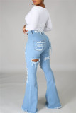 Deep Blue Fashion Casual Solid Ripped High Waist Boot Cut Flare Leg Denim Jeans