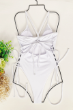 White Sexy Solid Patchwork Draw String Swimwears