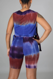 Yellow Blue Casual Print Patchwork O Neck Sleeveless Two Pieces