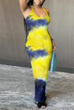ダークブルーファッションセクシープリントバックレススパゲッティストラップノースリーブドレスドレス
