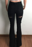 Black Fashion Casual Solid Ripped High Waist Boot Cut Jeans