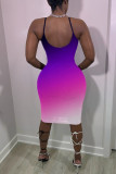 Фиолетовое сексуальное повседневное платье без рукавов с постепенным изменением печати без спинки на тонких бретелях