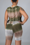 Green Casual Print Patchwork O Neck Sleeveless Two Pieces