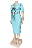 Светло-голубое сексуальное повседневное платье больших размеров с короткими рукавами и круглым вырезом в стиле пэчворк