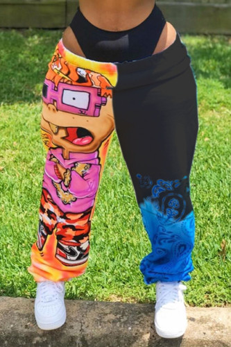 Black Fashion Printed Mid Waist Loose Trousers