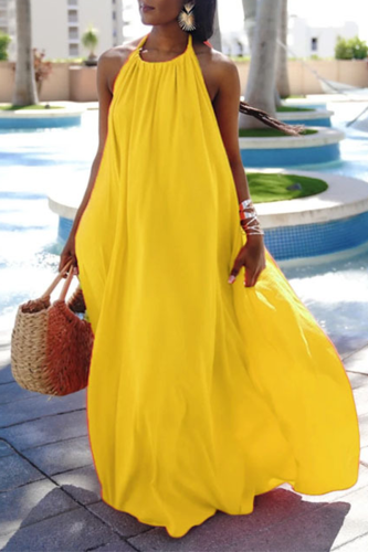 Yellow Casual Solid Split Joint Spaghetti Strap Cake Skirt Dresses