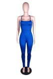 Blue Sexy Casual Solid Backless Spaghetti Strap Skinny Jumpsuits