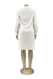 White Fashion Casual Patchwork Pocket Turndown Collar Shirt Dress