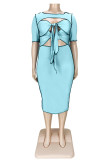 Ljusblå Sexig Casual Plus Size Solid urholkad Patchwork O-hals kortärmad klänning