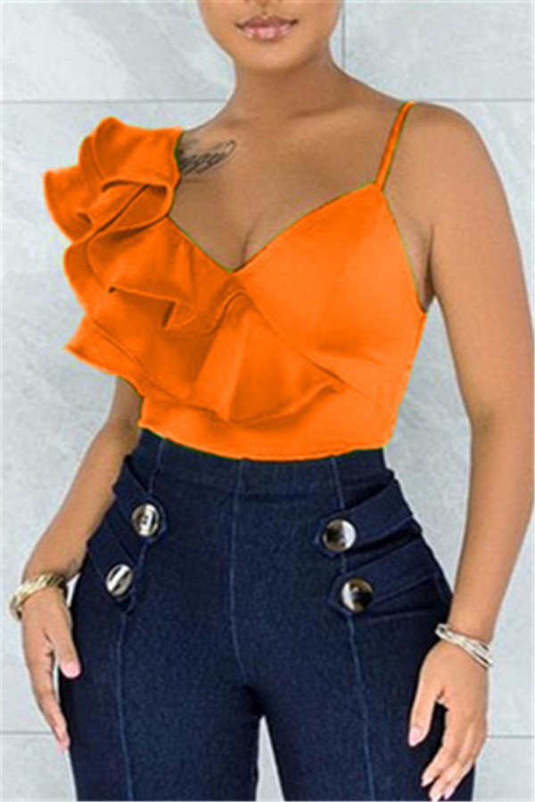 Top con scollo a V patchwork solido casual sexy arancione