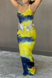 ダークブルーファッションセクシープリントバックレススパゲッティストラップノースリーブドレスドレス