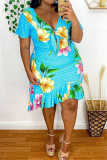 Небесно-голубое модное повседневное платье больших размеров с принтом, базовое платье с V-образным вырезом и короткими рукавами