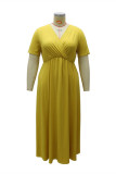 Желтое модное повседневное однотонное базовое платье больших размеров с v-образным вырезом и коротким рукавом