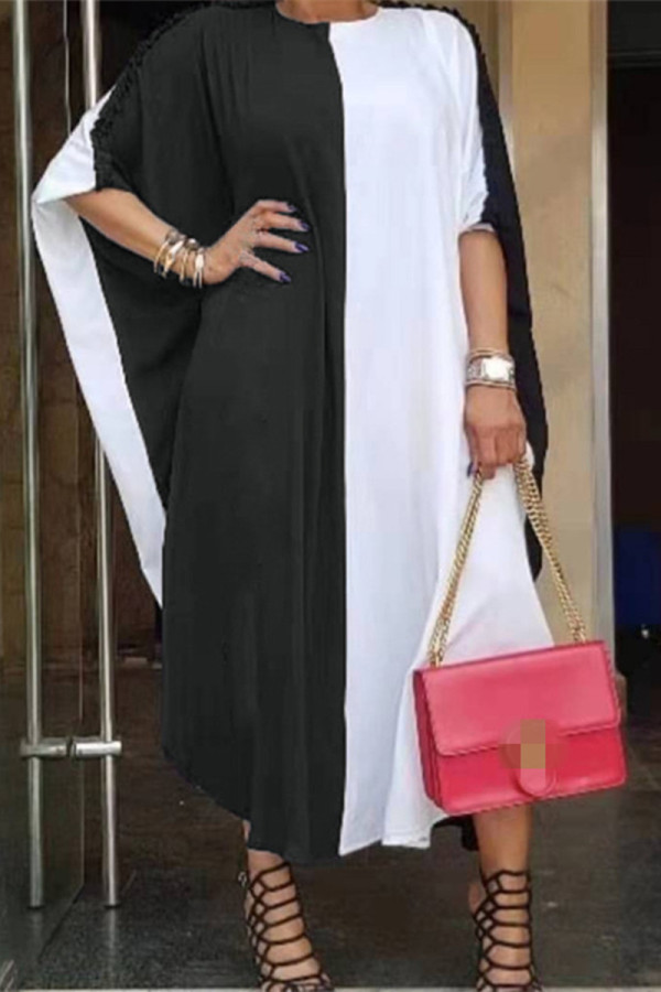 Черно-белое модное повседневное лоскутное базовое платье с коротким рукавом и круглым вырезом Платья больших размеров