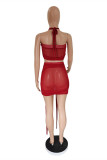 Red Sexy Patchwork Solid See-through Backless Strapless Sleeveless Two Pieces