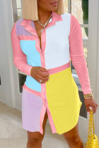 Светло-розовое модное повседневное базовое платье-рубашка в стиле пэчворк с отложным воротником