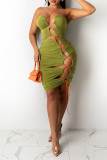 Grön sexig solid, urholkad rygglös remsdesign axellös ärmlös klänning