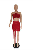 Pink Sexy Patchwork Solid See-through Backless Strapless Sleeveless Two Pieces Halter Crop Tops And Mini Skirt Sets