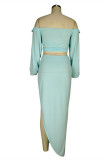 Light Green Fashion Sexy Solid Backless Asymmetrical Off the Shoulder Long Sleeve Two Pieces