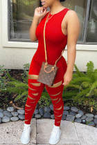 Red Sexy Casual Solid Ripped O Neck Skinny Jumpsuits