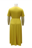 Vestido de manga corta con cuello en V básico sólido de talla grande informal amarillo de moda