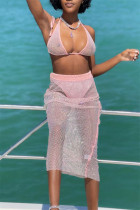 ピンクのファッションセクシーなソリッドシースルーバックレス水着