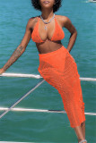 Оранжевые модные сексуальные однотонные прозрачные купальники с открытой спиной