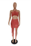 Pink Sexy Patchwork Solid See-through Backless Strapless Sleeveless Two Pieces Halter Crop Tops And Mini Skirt Sets