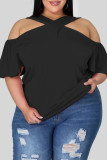 Rose Red Fashion Casual Solid Hollowed Out V Neck Plus Size Tops
