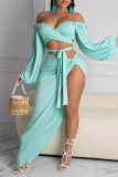 White Fashion Sexy Solid Backless Asymmetrical Off the Shoulder Long Sleeve Two Pieces