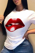 T-shirt con collo a O di base stampate labbra moda casual bianche